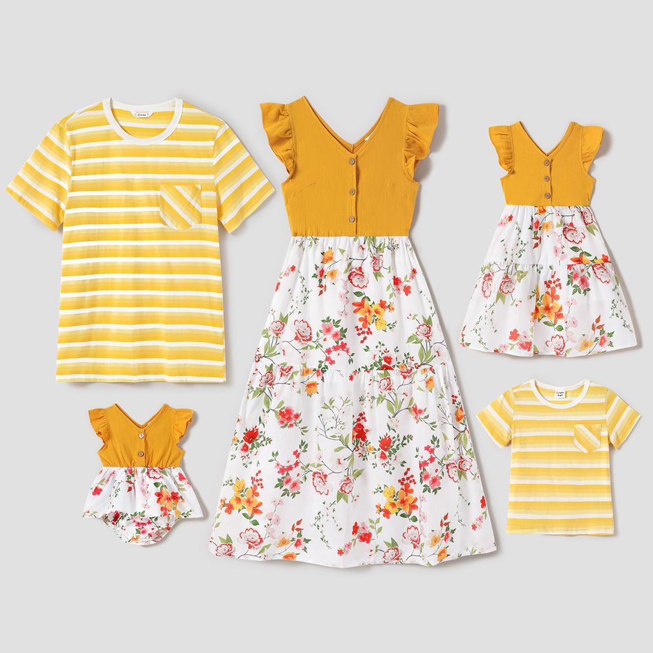 Floral or Stripe Print Family Matching Yellow Sets Yellow
