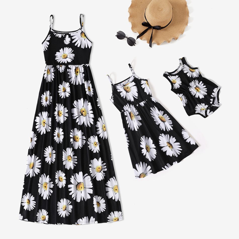 Allover Daisy Floral Print Black Sleeveless Spaghetti Strap Maxi Dress for Mom and Me BlackandWhite