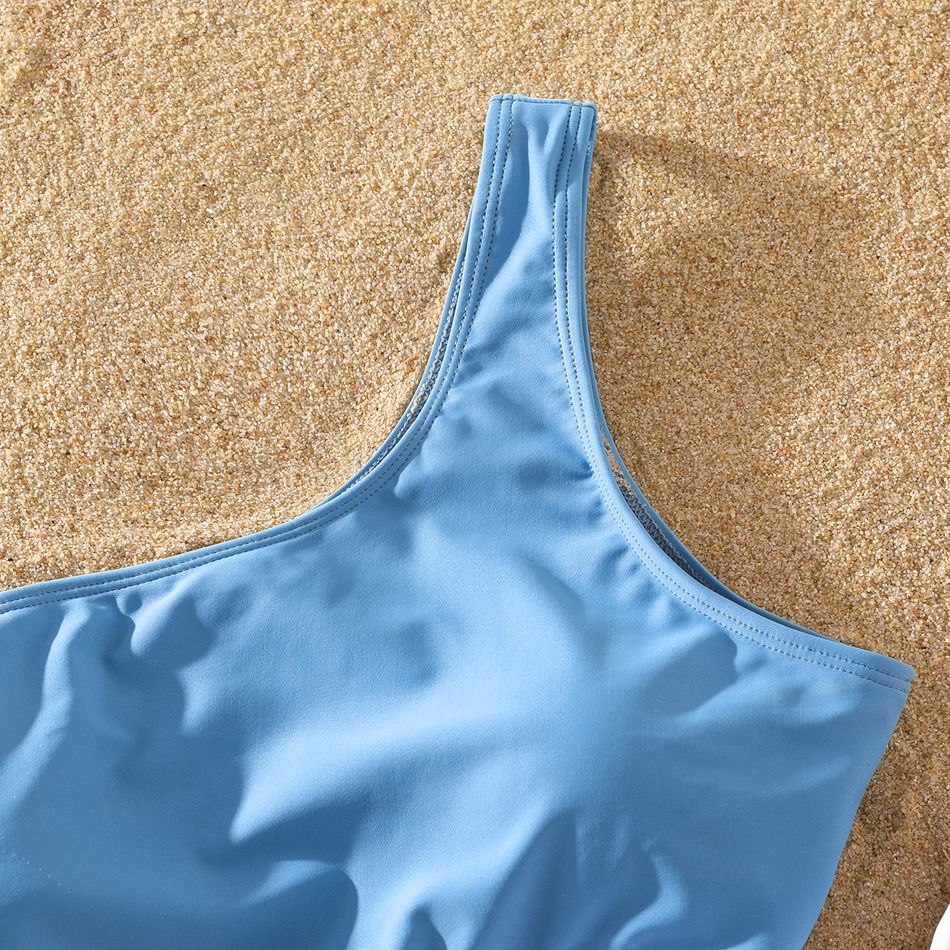 Family Matching Colorblock Swim Trunks Shorts and One Shoulder Hollow Out Self-tie One-Piece Swimsuit Blue big image 4