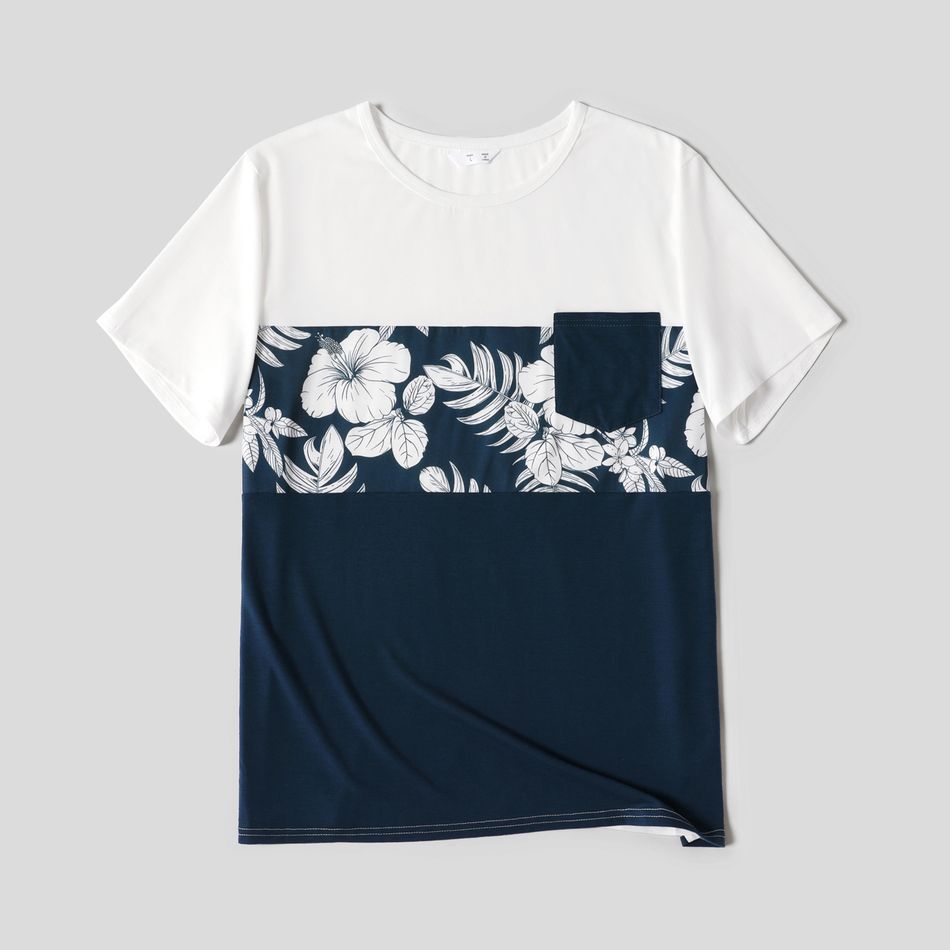 Family Matching Dark Blue Spaghetti Strap Splicing Floral Print Dresses and Colorblock Short-sleeve T-shirts Sets Deep Blue big image 11