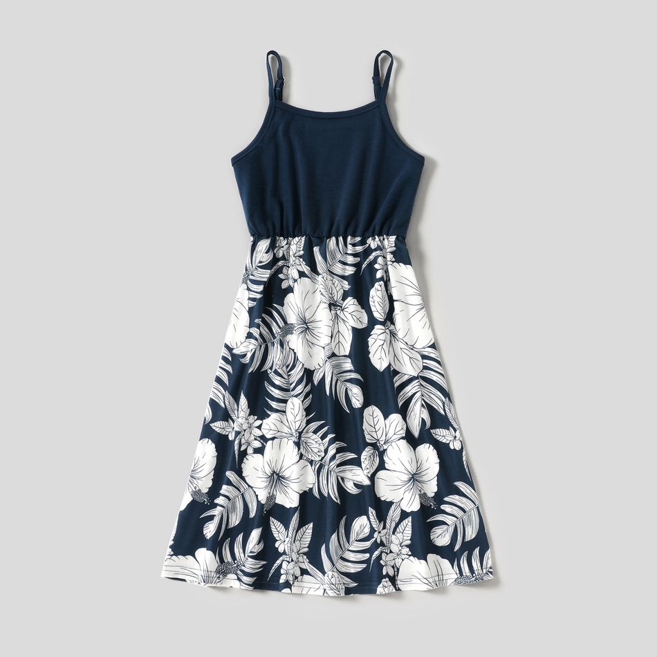 Family Matching Dark Blue Spaghetti Strap Splicing Floral Print Dresses and Colorblock Short-sleeve T-shirts Sets Deep Blue big image 7