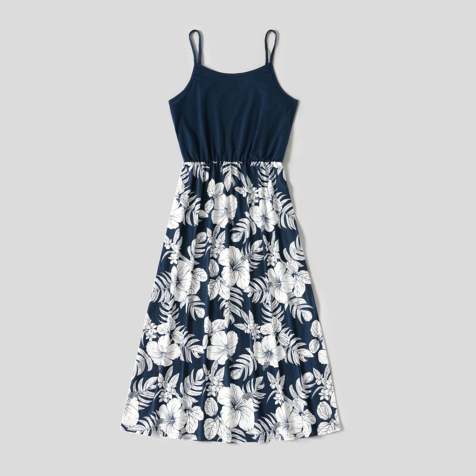 Family Matching Dark Blue Spaghetti Strap Splicing Floral Print Dresses and Colorblock Short-sleeve T-shirts Sets Deep Blue big image 2