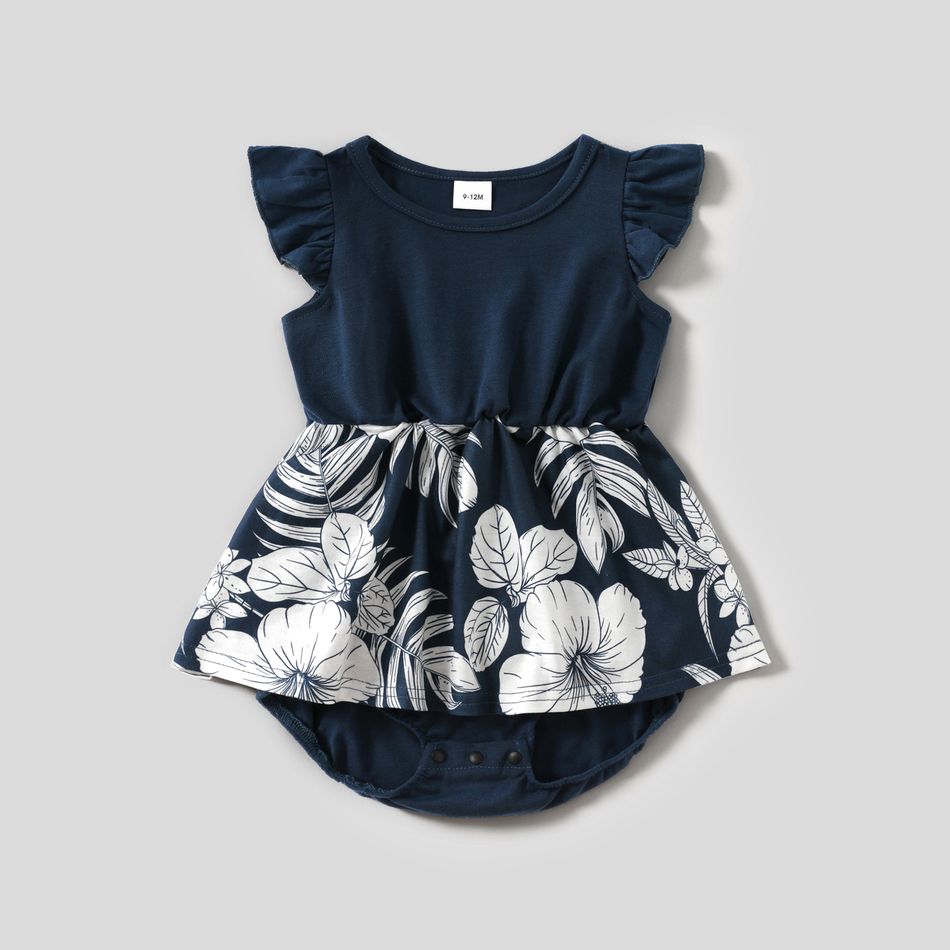 Family Matching Dark Blue Spaghetti Strap Splicing Floral Print Dresses and Colorblock Short-sleeve T-shirts Sets Deep Blue big image 8