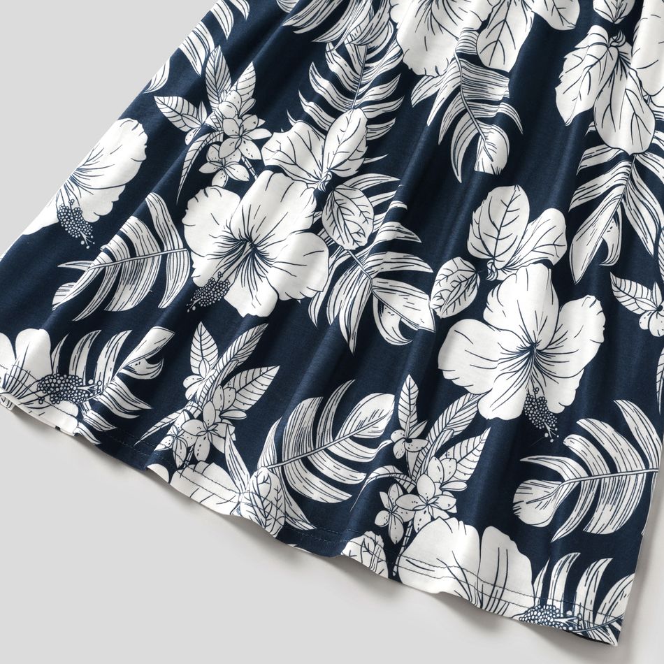 Family Matching Dark Blue Spaghetti Strap Splicing Floral Print Dresses and Colorblock Short-sleeve T-shirts Sets Deep Blue big image 6