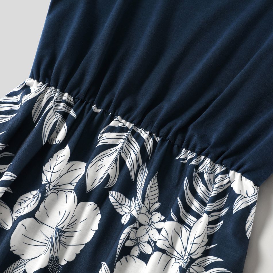 Family Matching Dark Blue Spaghetti Strap Splicing Floral Print Dresses and Colorblock Short-sleeve T-shirts Sets Deep Blue big image 5