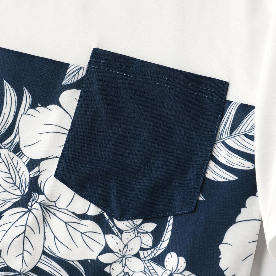 Family Matching Dark Blue Spaghetti Strap Splicing Floral Print Dresses and Colorblock Short-sleeve T-shirts Sets Deep Blue big image 12