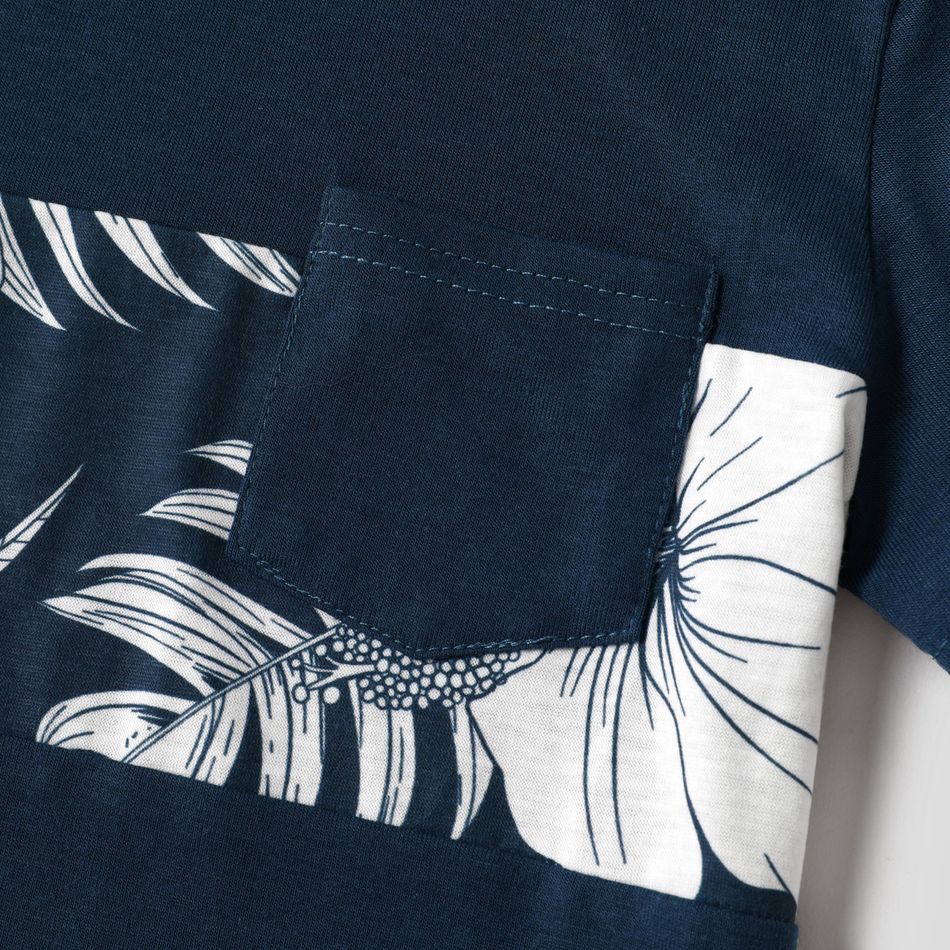 Family Matching Dark Blue Spaghetti Strap Splicing Floral Print Dresses and Colorblock Short-sleeve T-shirts Sets Deep Blue big image 15