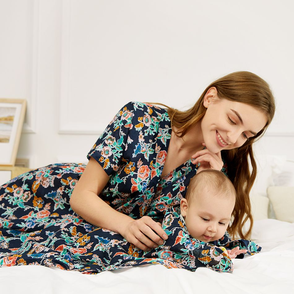 Mommy and Me 100% Cotton Allover Floral Print Short-sleeve Robe and Swaddle Set royalblue big image 3