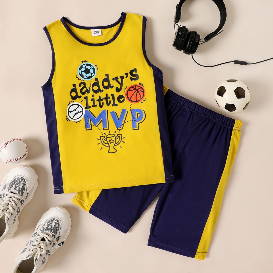 2-piece Kid Boy Letter Balls Print Tank Top and Colorblock Shorts Sporty Set Yellow