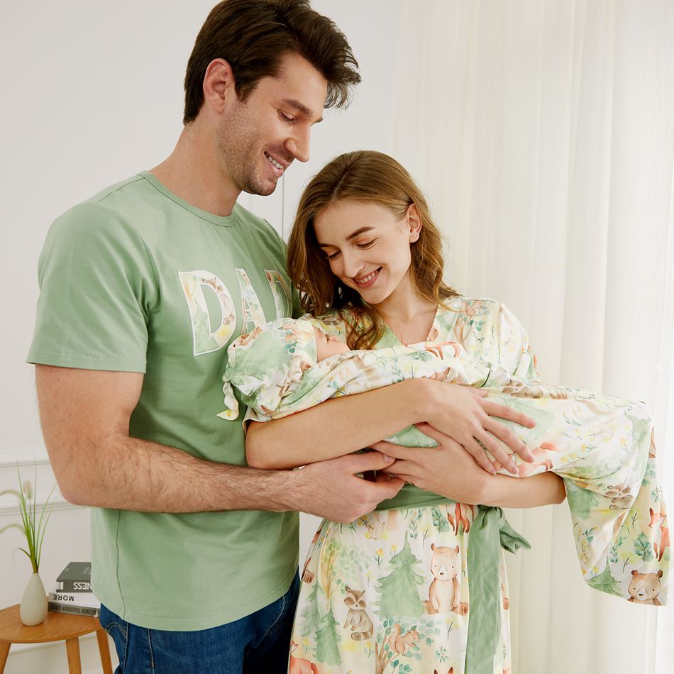 Family Matching Allover Animals Print Half-sleeve Robe Swaddle Hat and Cotton T-shirt Sets Aqua big image 3