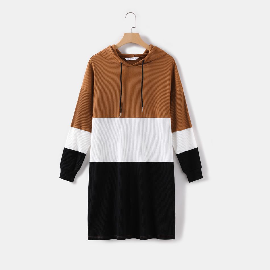 Ribbed Colorblock Long-sleeve Hooded Casual Sweatshirt Dress for Mom and Me Brown big image 11
