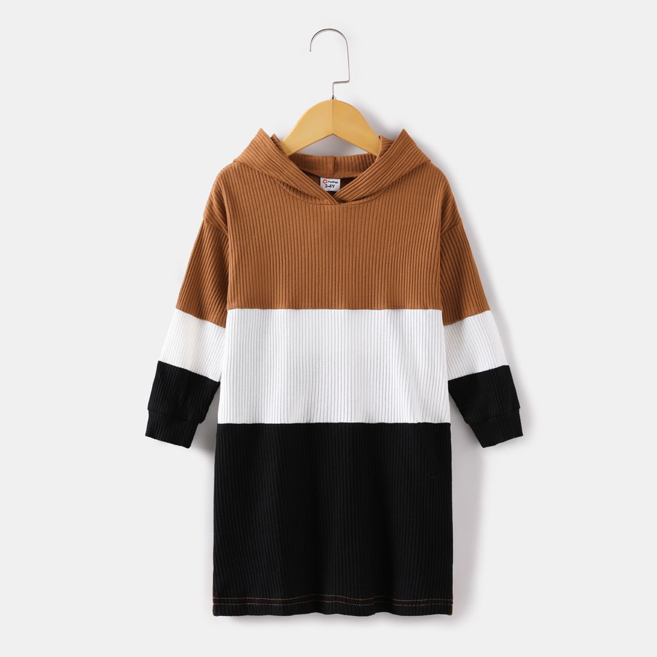 Ribbed Colorblock Long-sleeve Hooded Casual Sweatshirt Dress for Mom and Me Brown big image 12