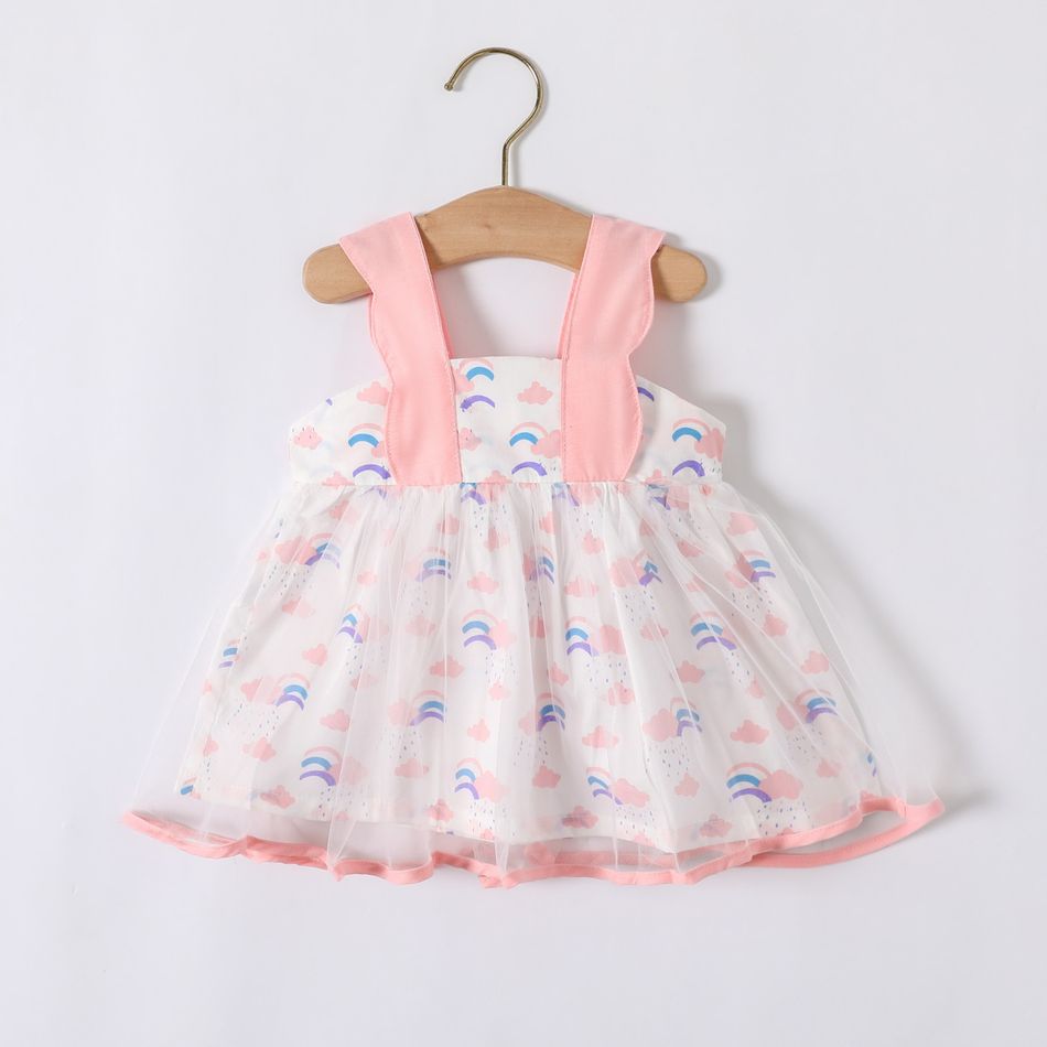 Rainbow and Cloud Allover Mesh Layered Sleeveless Pink or Yellow Baby Tank Dress Pink