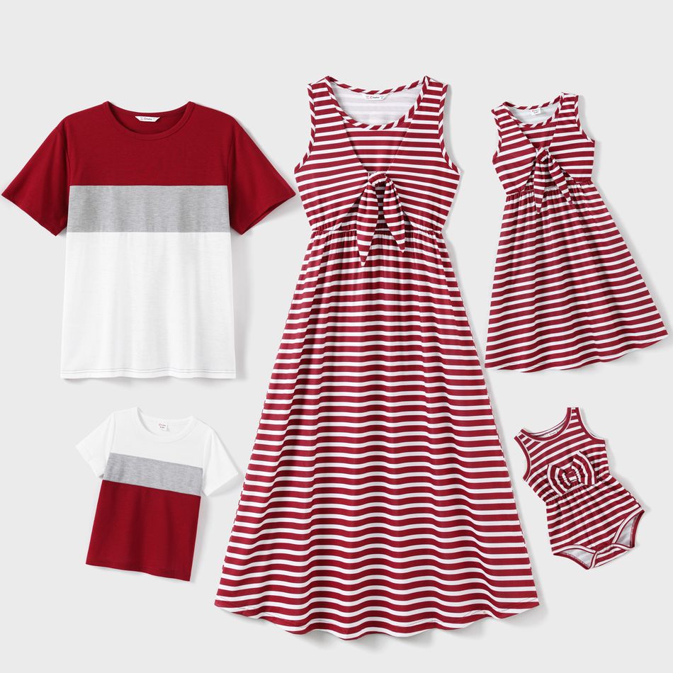 Family Matching Red Striped Sleeveless Dresses and Colorblock Short-sleeve T-shirts Sets WineRed
