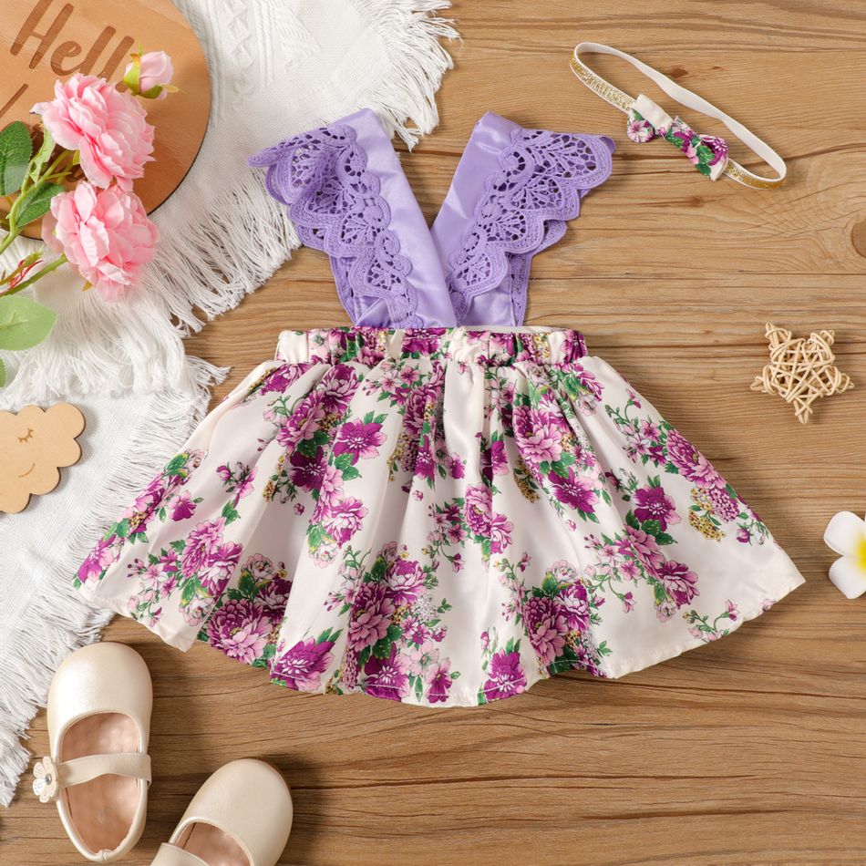 2pcs Floral Print Lace Decor V-neck Sleeveless Purple or Red Baby Dress with Headband Set Lavender