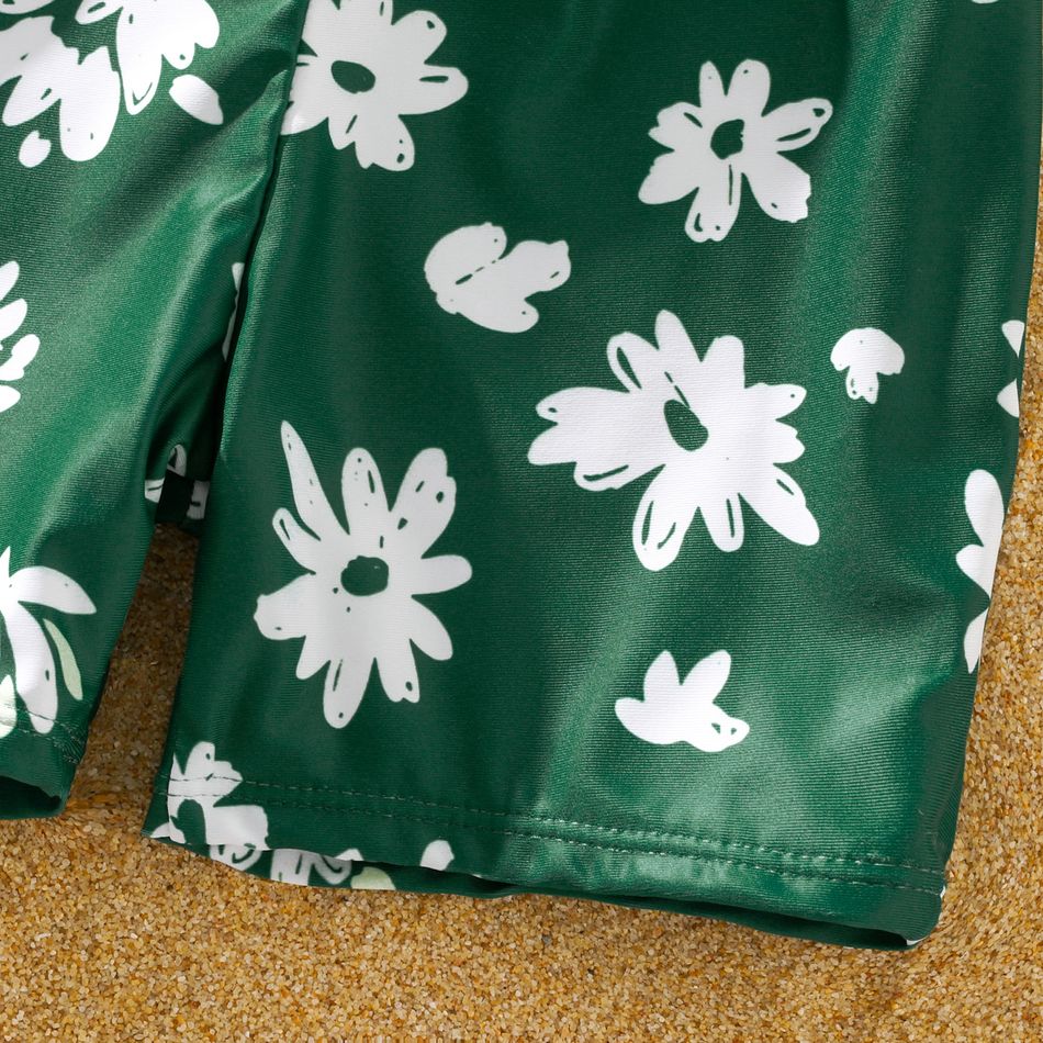 Family Matching All Over Daisy Floral Print Dark Green Swim Trunks Shorts and Two-Piece Bikini Set Swimsuit blackishgreen