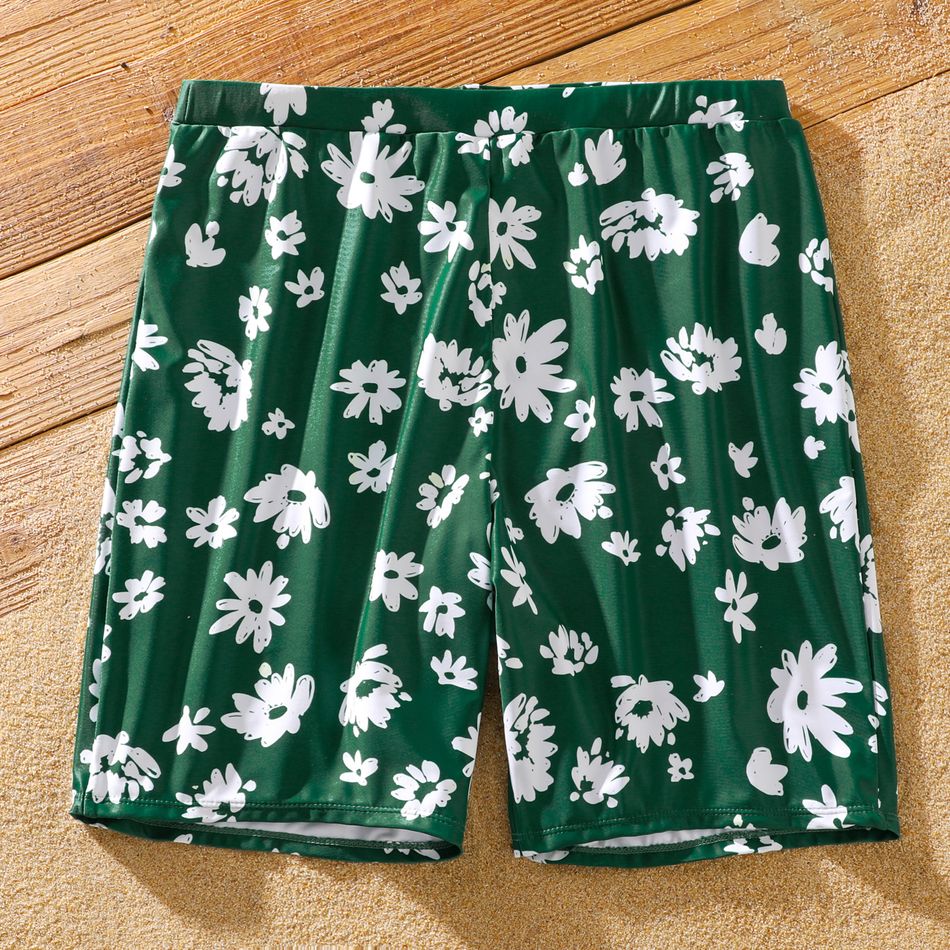 Family Matching All Over Daisy Floral Print Dark Green Swim Trunks Shorts and Two-Piece Bikini Set Swimsuit blackishgreen big image 8