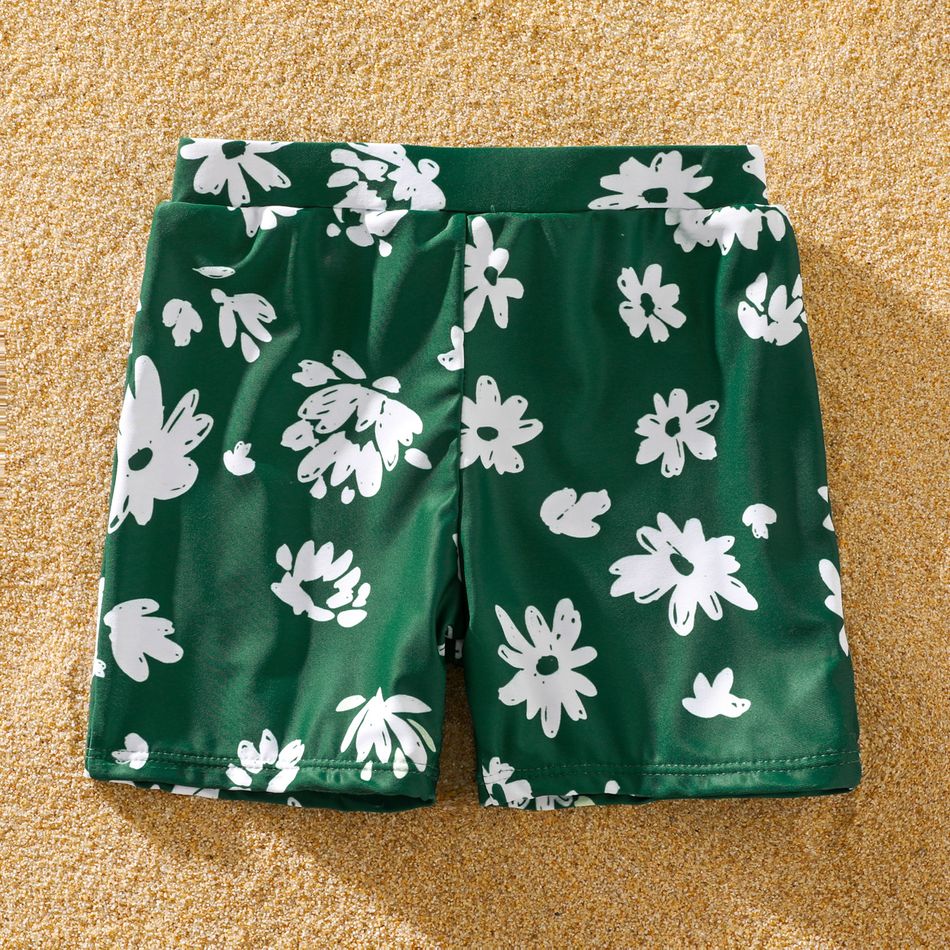 Family Matching All Over Daisy Floral Print Dark Green Swim Trunks Shorts and Two-Piece Bikini Set Swimsuit blackishgreen big image 10