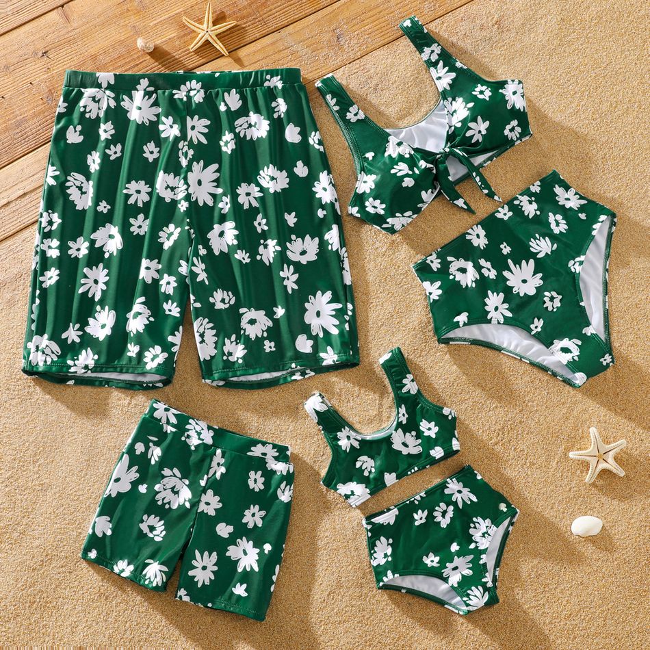 Family Matching All Over Daisy Floral Print Dark Green Swim Trunks Shorts and Two-Piece Bikini Set Swimsuit blackishgreen big image 1