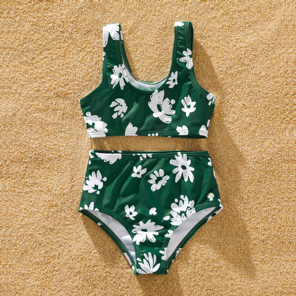 Family Matching All Over Daisy Floral Print Dark Green Swim Trunks Shorts and Two-Piece Bikini Set Swimsuit blackishgreen big image 6