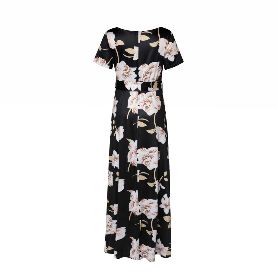 أنيقة الأزهار المطبوعة قصيرة الأكمام فستان ماكسي الأمومة أسود big image 4