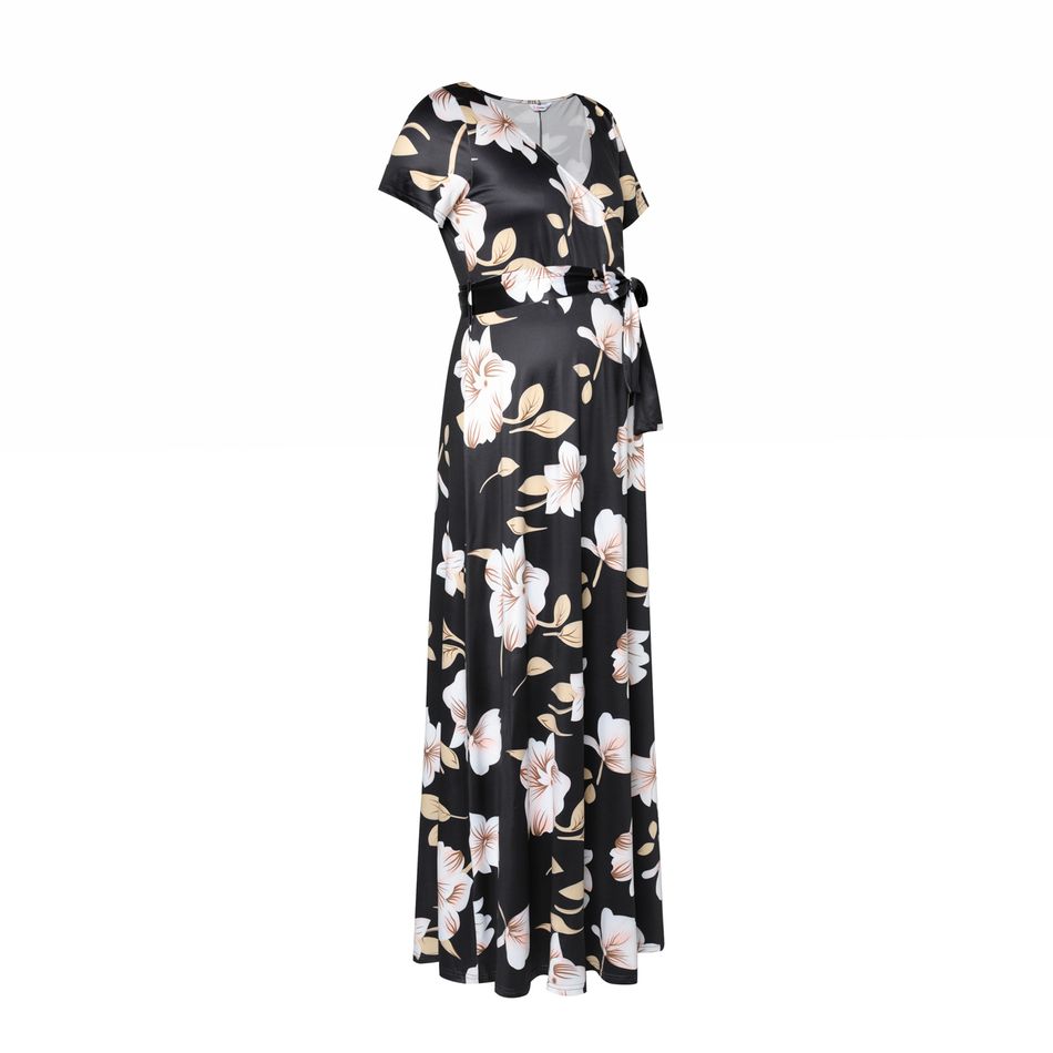 أنيقة الأزهار المطبوعة قصيرة الأكمام فستان ماكسي الأمومة أسود big image 3