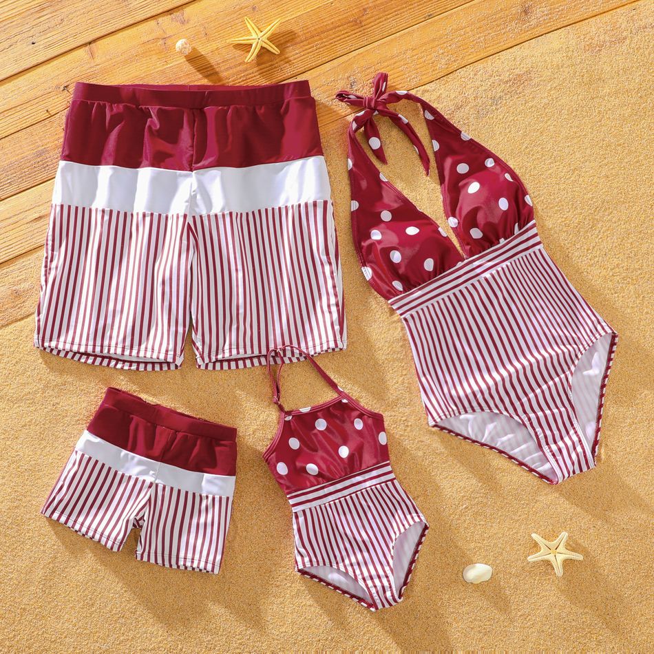 Family Matching Colorblock Striped Swim Trunks Shorts and Polka Dots Halter Neck One-Piece Swimsuit Burgundy