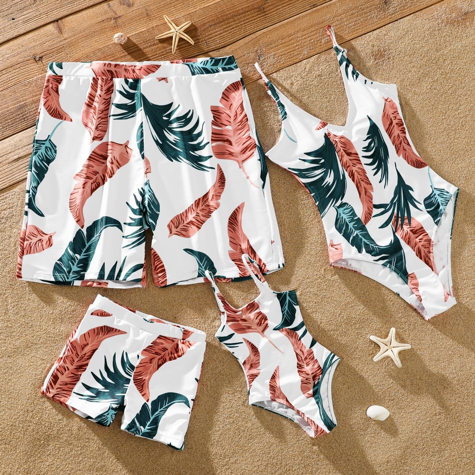 Family Matching All Over Tropical Palm Leaf Print Swim Trunks Shorts and Spaghetti Strap One-Piece Swimsuit White