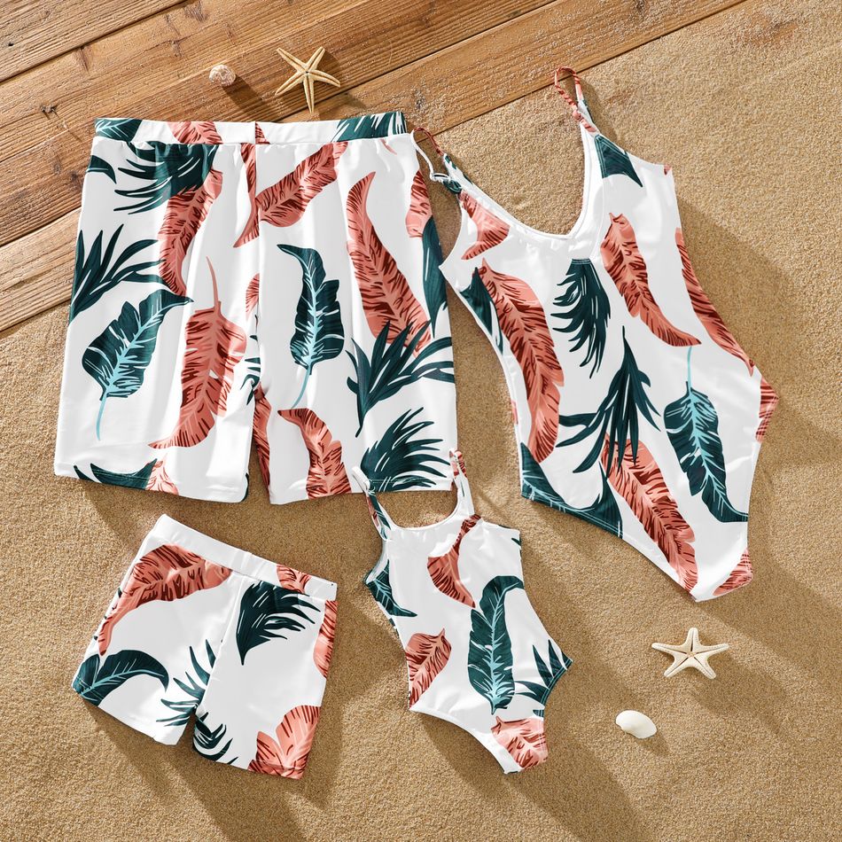 Family Matching All Over Tropical Palm Leaf Print Swim Trunks Shorts and Spaghetti Strap One-Piece Swimsuit White big image 5