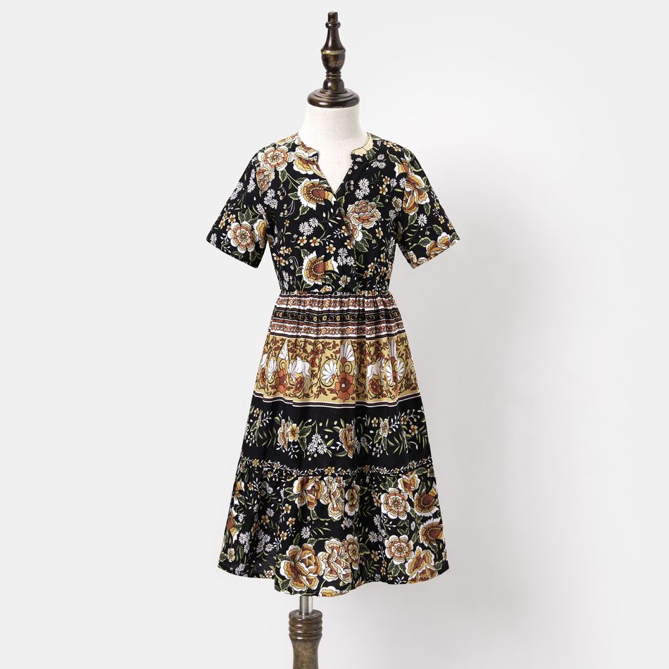 Boho Floral Print Cross Wrap V Neck Short-sleeve Dress for Mom and Me Black big image 3