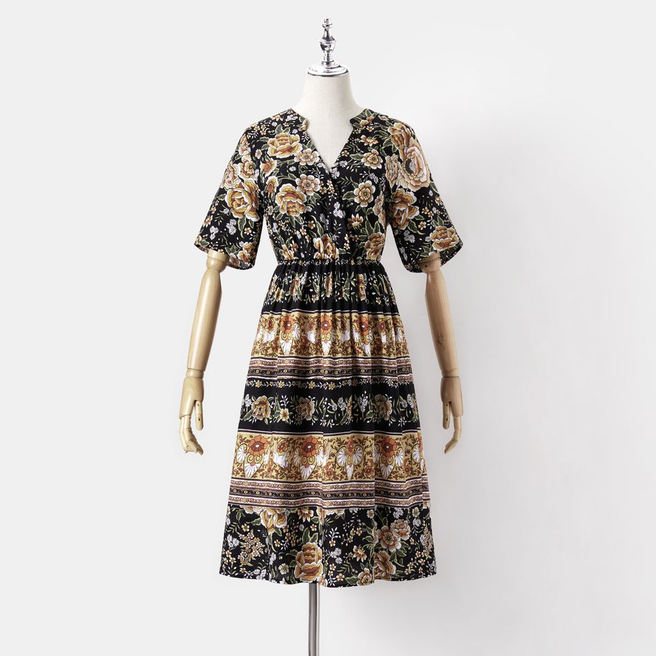 Boho Floral Print Cross Wrap V Neck Short-sleeve Dress for Mom and Me Black big image 4