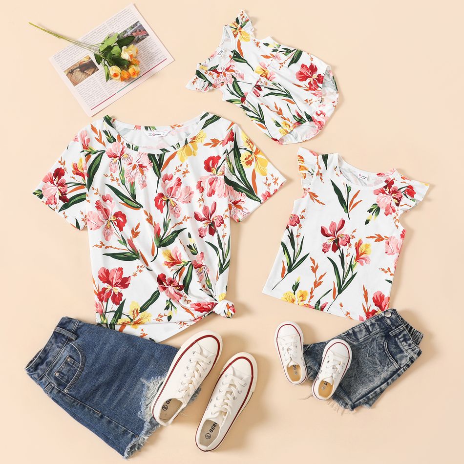 Allover Floral Print Round Neck Short-sleeve T-shirts for Mom and Me Colorful