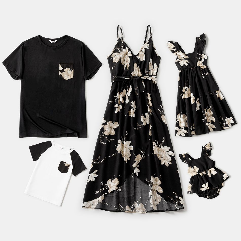 Family Matching Floral Print Black Dresses and Short-sleeve T-shirts Sets Black/White