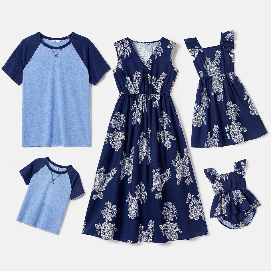 Family Matching Floral Print Blue V Neck Sleeveless Dresses and Short Raglan Sleeve T-shirts Sets royalblue