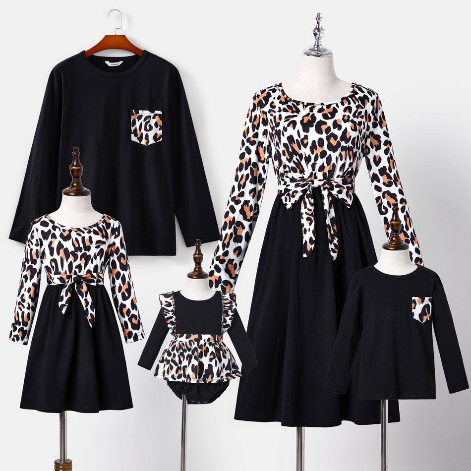 Family Matching Leopard Splicing Long-sleeve Belted Dresses and Black Cotton T-shirts Sets Black