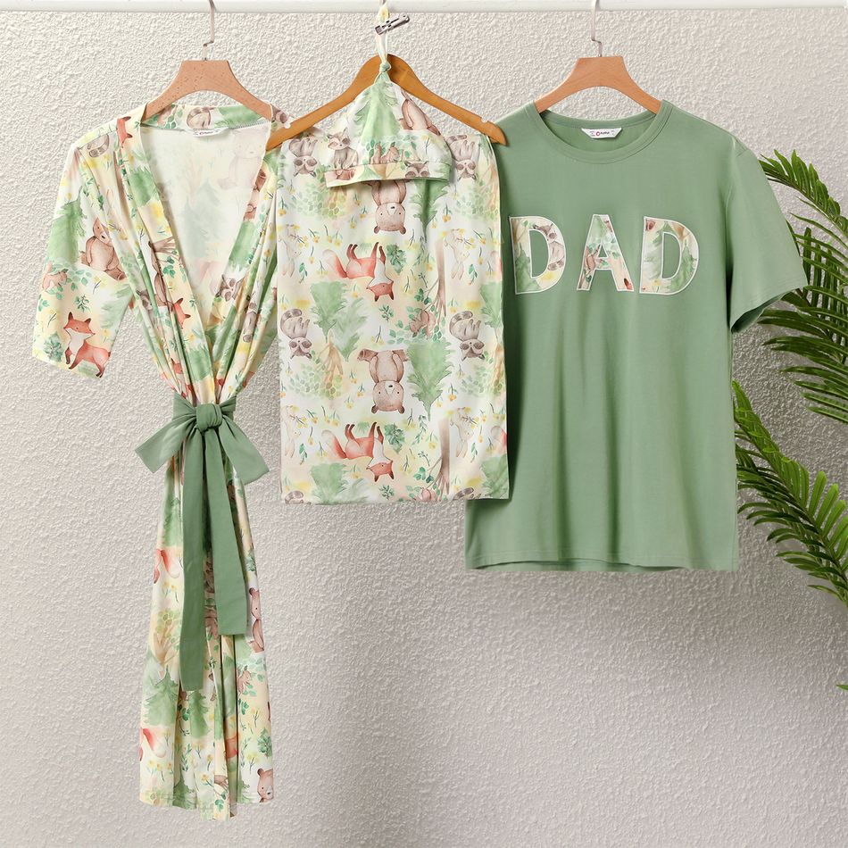 Family Matching Allover Animals Print Half-sleeve Robe Swaddle Hat and Cotton T-shirt Sets Aqua big image 1