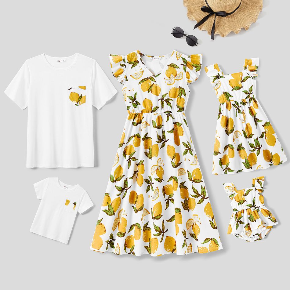 Passende Familienkleider mit V-Ausschnitt und flatternden Ärmeln mit gelbem Zitronendruck und kurzärmligen T-Shirt-Sets weiß