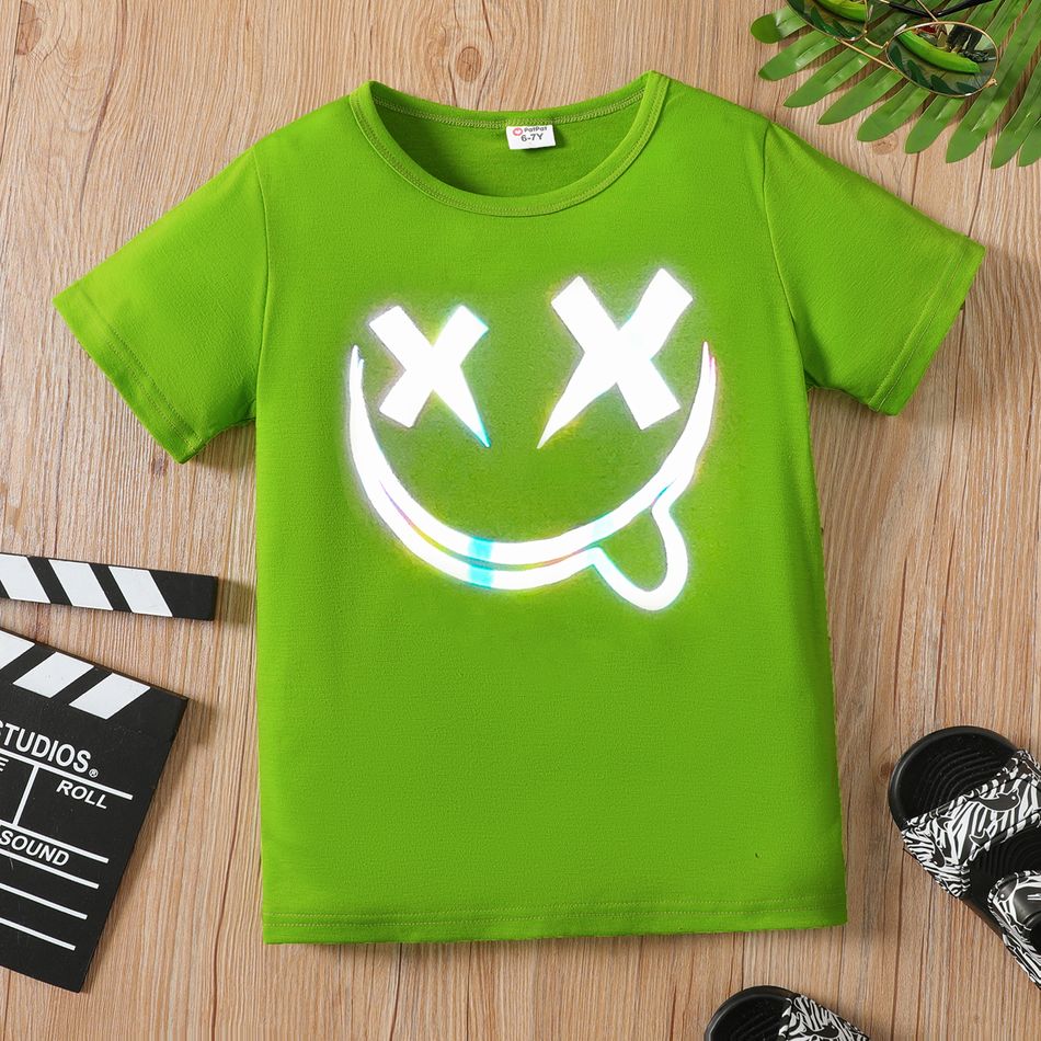 Kid Boy Emoji Print Reflective Short-sleeve Tee Green