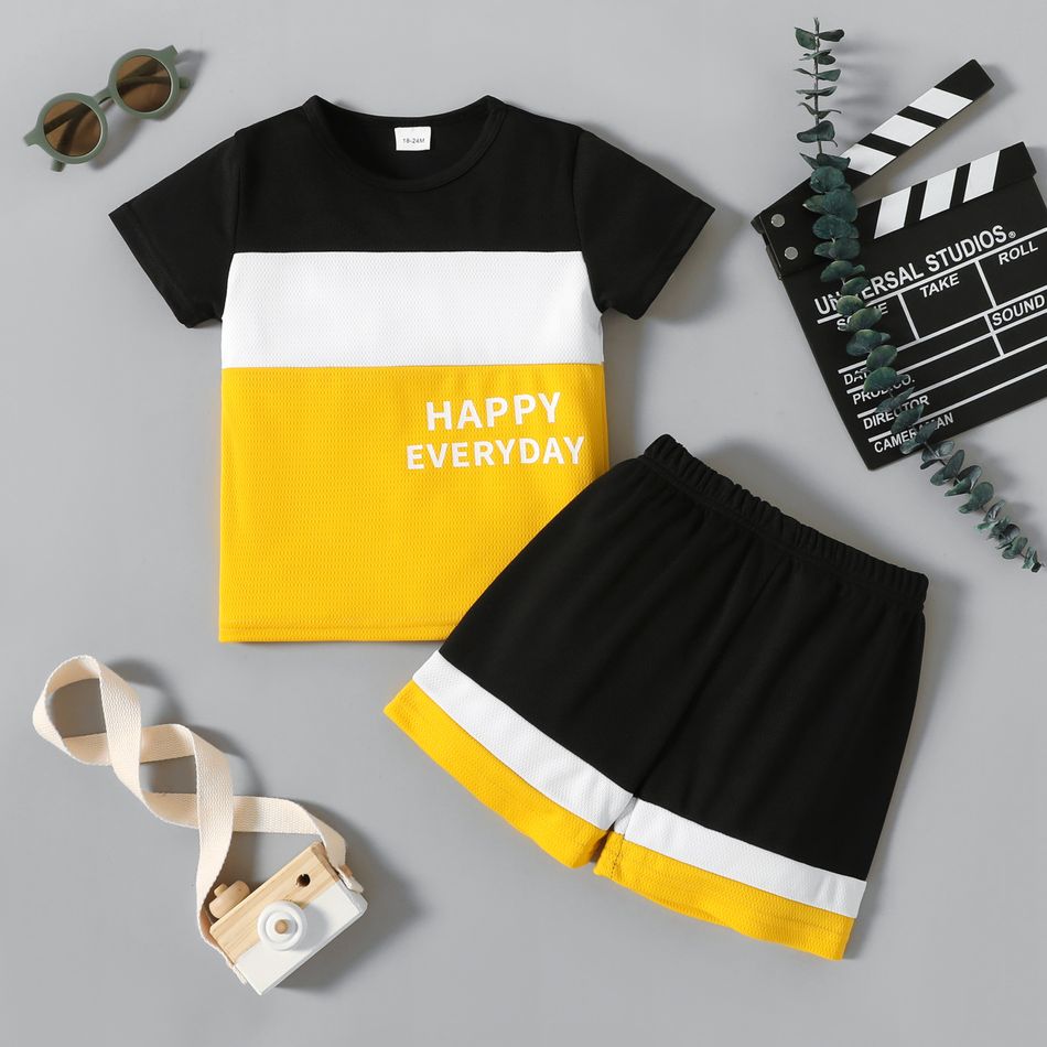 2pcs Toddler Boy Casual Letter Print Colorblock Tee and Shorts Set Yellow