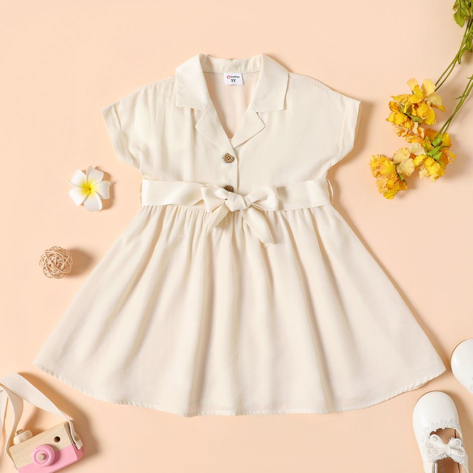 Toddler Girl Solid Color Notched Collar Button Design Belted Short-sleeve Dress LightApricot