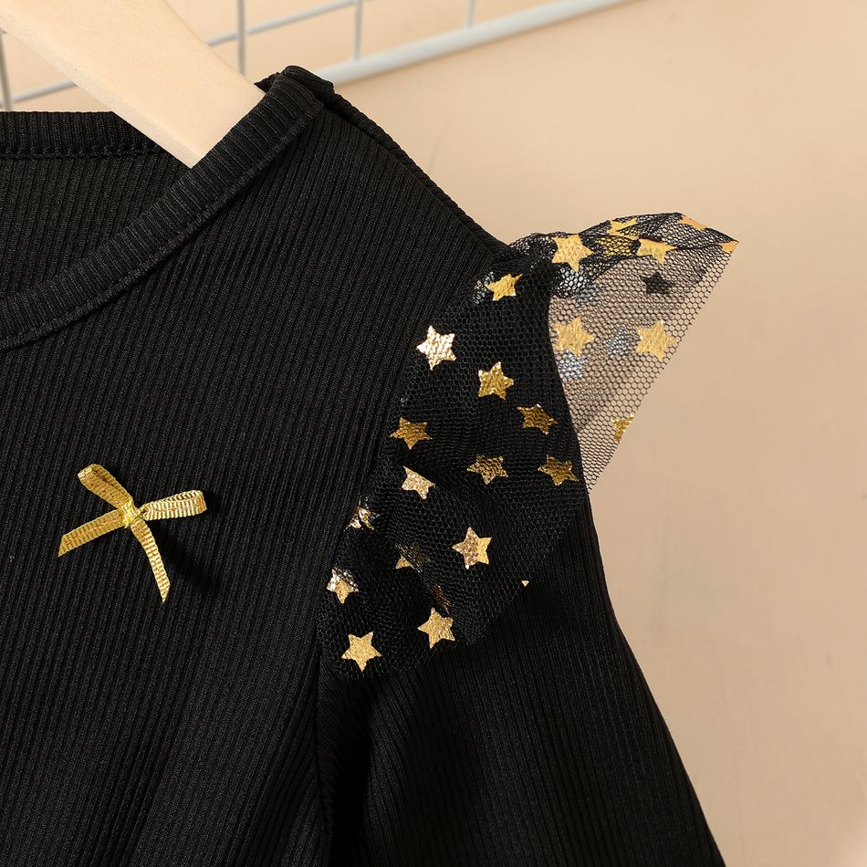Kid Girl Stars Glitter Design Mesh Long-sleeve Dress Black big image 4