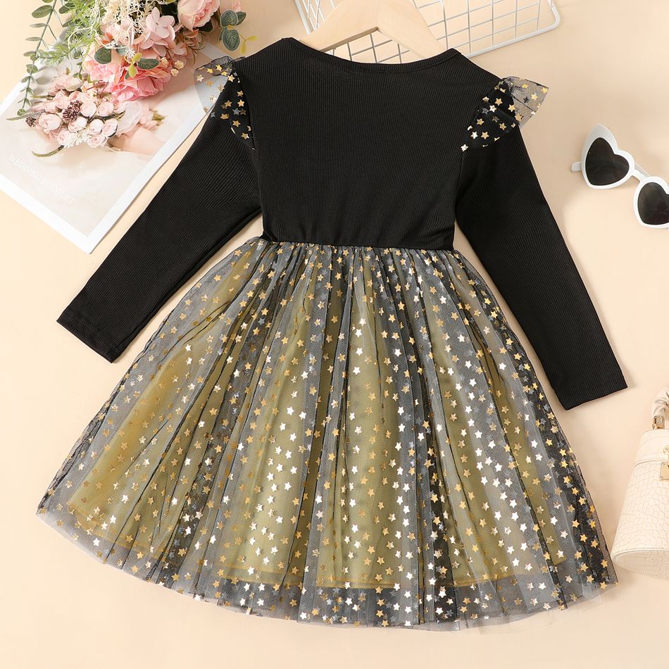 Kid Girl Stars Glitter Design Mesh Long-sleeve Dress Black big image 2