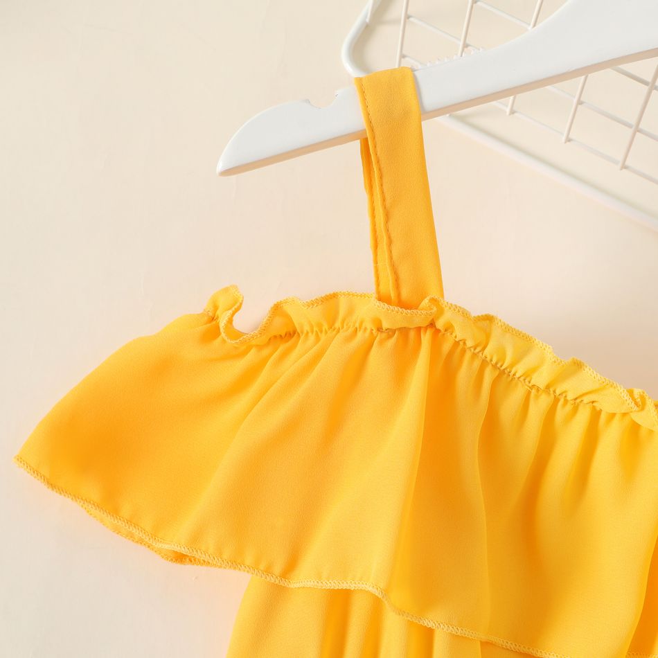 Kid Girl Off Shoulder Flounce Solid Color Strap Dress Yellow big image 3