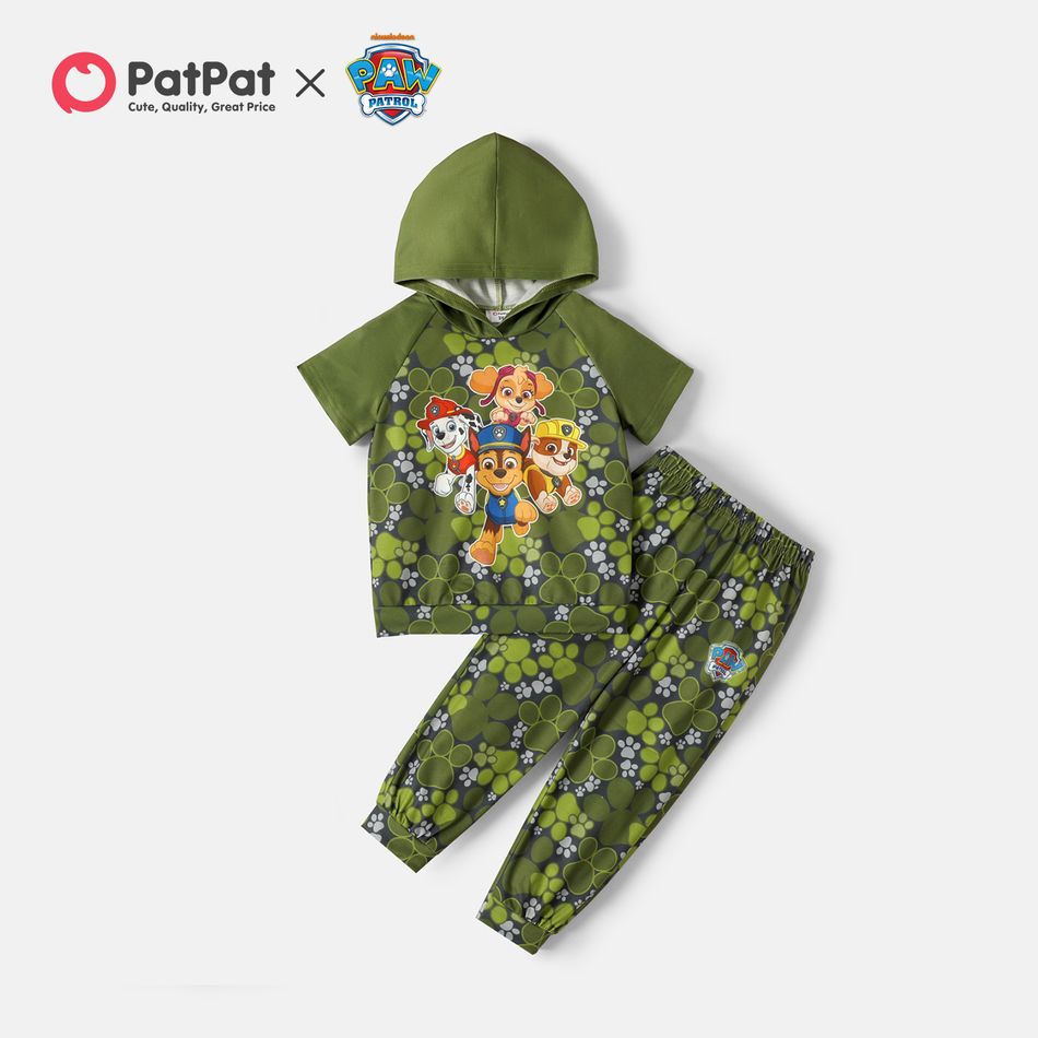 PAW Patrol 2pcs Toddler Boy Camouflage/Dog Print Hooded Short Raglan Sleeve Tee and Elasticized Pants Set Green