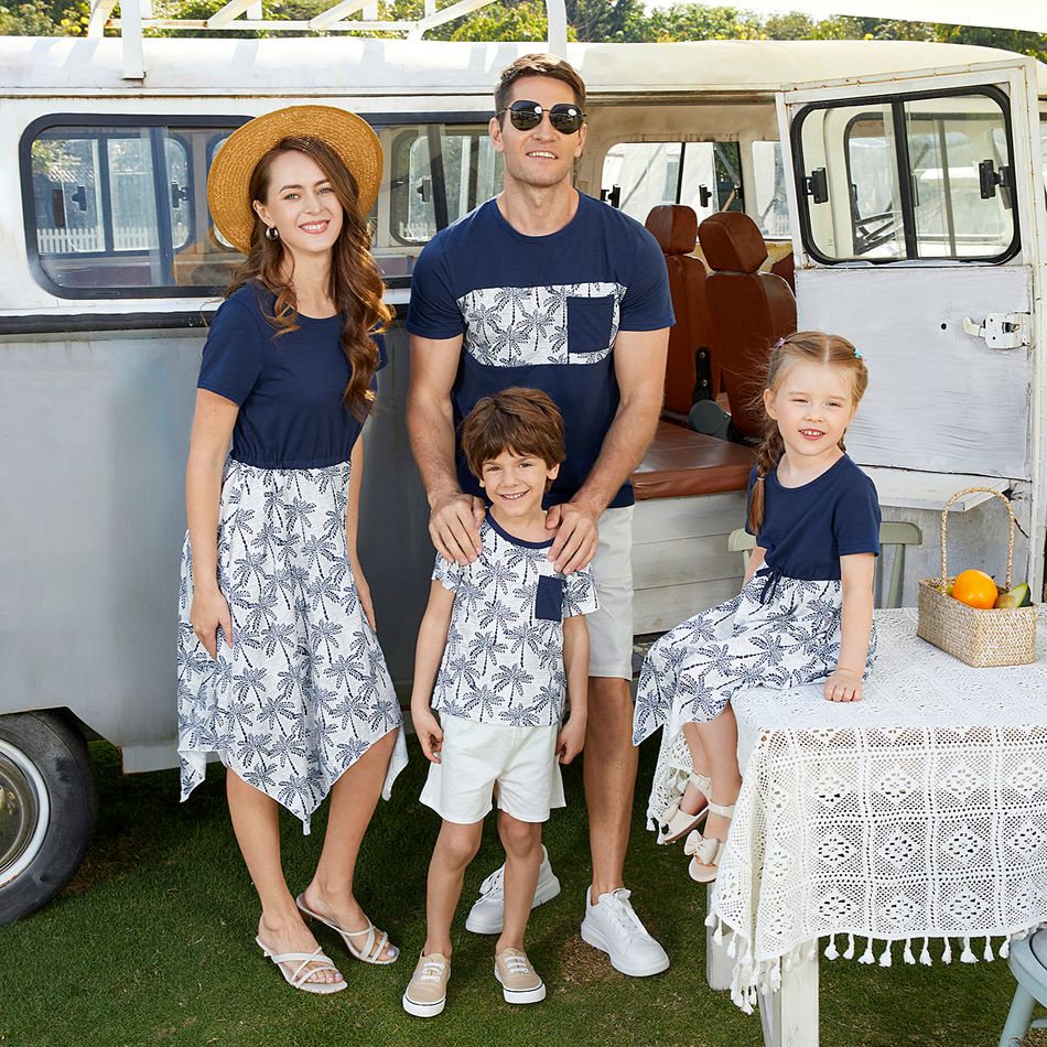 Family Matching Dark Blue Splicing Coconut Print Irregular Hem Short-sleeve Dresses and T-shirts Sets Royal Blue