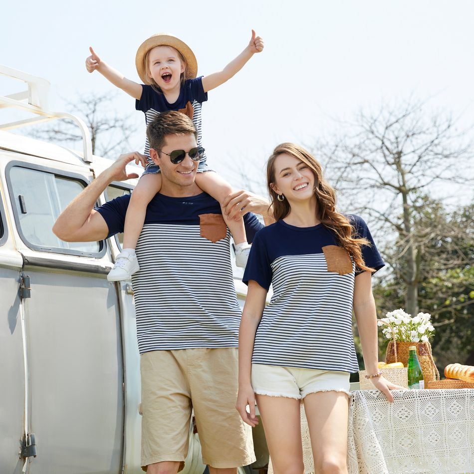 Family Matching Solid Splicing Striped Short-sleeve T-shirts Royal Blue big image 2