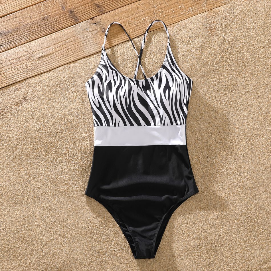 Family Matching Zebra Print Swim Trunks Shorts and Spaghetti Strap Colorblock One-Piece Swimsuit BlackandWhite big image 3