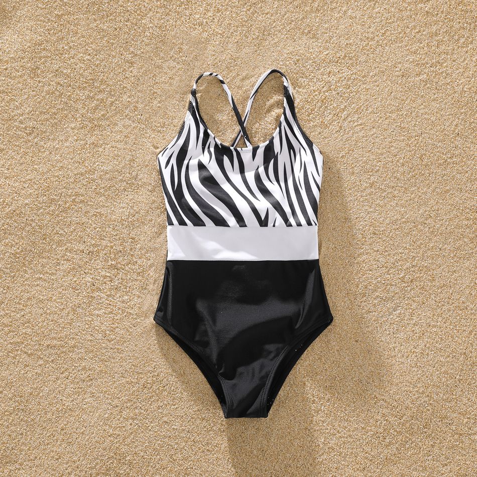 Family Matching Zebra Print Swim Trunks Shorts and Spaghetti Strap Colorblock One-Piece Swimsuit BlackandWhite big image 6