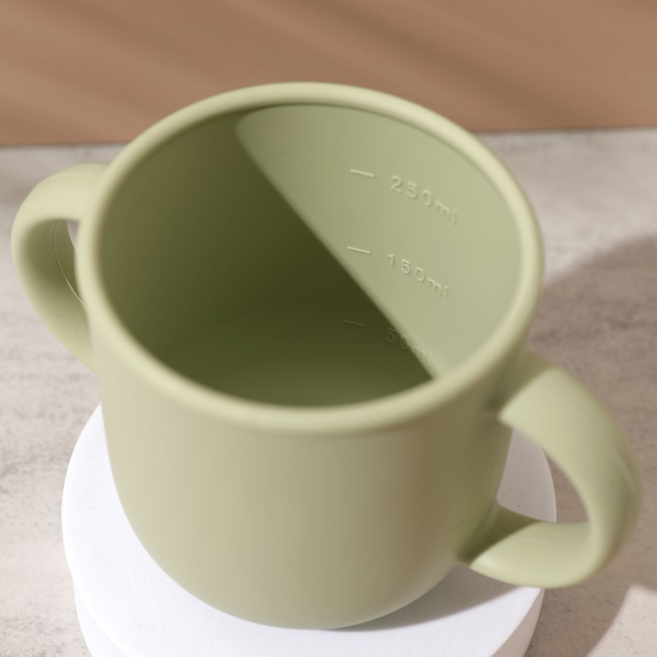 250ML/8.45OZ 2 in 1 Silicone Snack Cup Kids Silicone Sippy Cup with Straw and 2 Handles Spill Proof Food Container for Toddler Baby Light Green big image 2