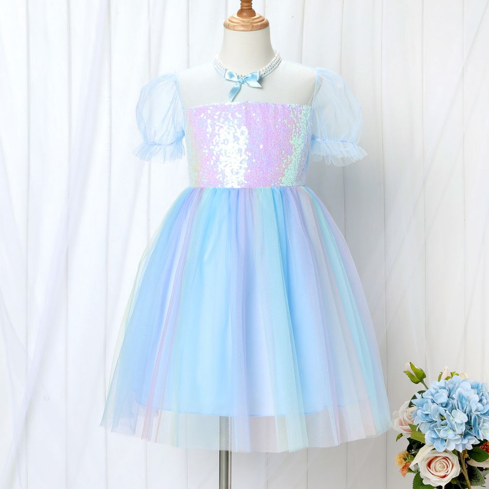 Kid Girl Sequined Bowknot Design Gradient Color Short-sleeve Mesh Princss Party Dress Light Blue
